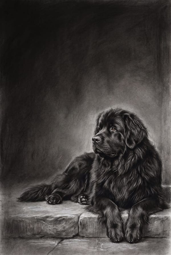 An academic charcoal drawing of a dog resting on a stone step