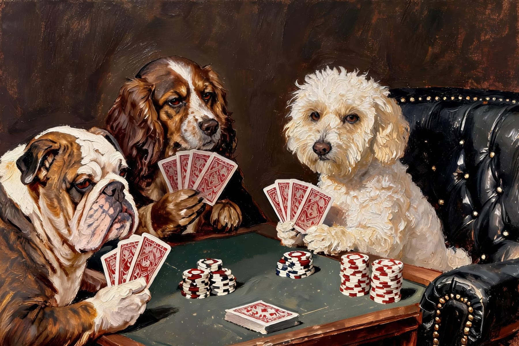 A portrait of a cream curly-coated dog in a leather club chair at a card table, made from one photo